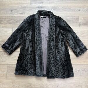 KENAR Ann Tjian Black Leopard Print Faux Fur Shawl Collar Swing Coat Med Vintage